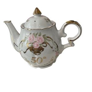 Lefton 50th Anniversary musical Teapot flowers with with gold trim